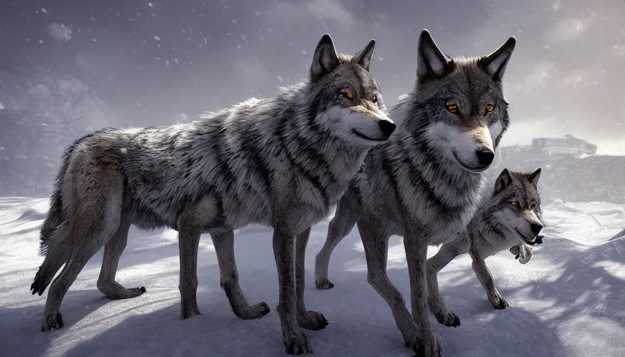 Image similar to wolves in snowy washington dc, snow dunes, damaged buildings, hyperdetailed, artstation, cgsociety, 8 k