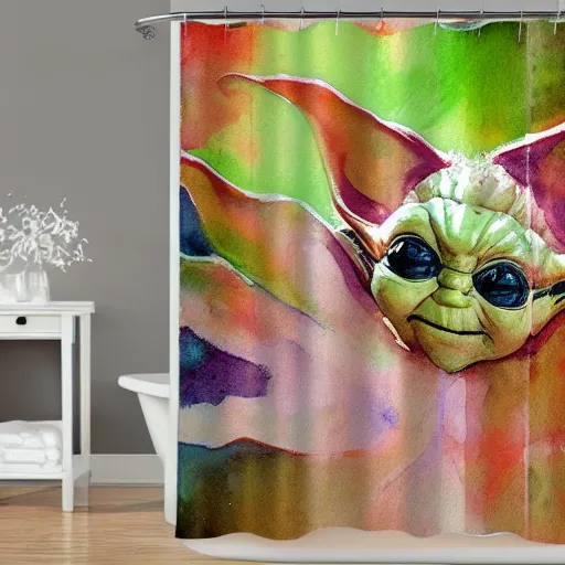 Prompt: shower curtain product catalog. wide - angle photo. on the curtain is a watercolor. the water color has ink under drawing of a butterfly flying over baby yoda. wide - angle product photography of a shower curtain, product lighting. 4 k, highly detailed. saturated.