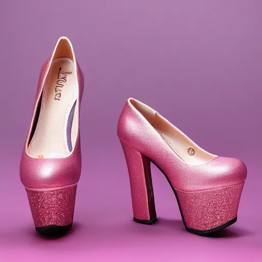 Image similar to high quality photo of Women`s platform shoes on a pink background. Punk, grunge, goth women shoes. 8k,