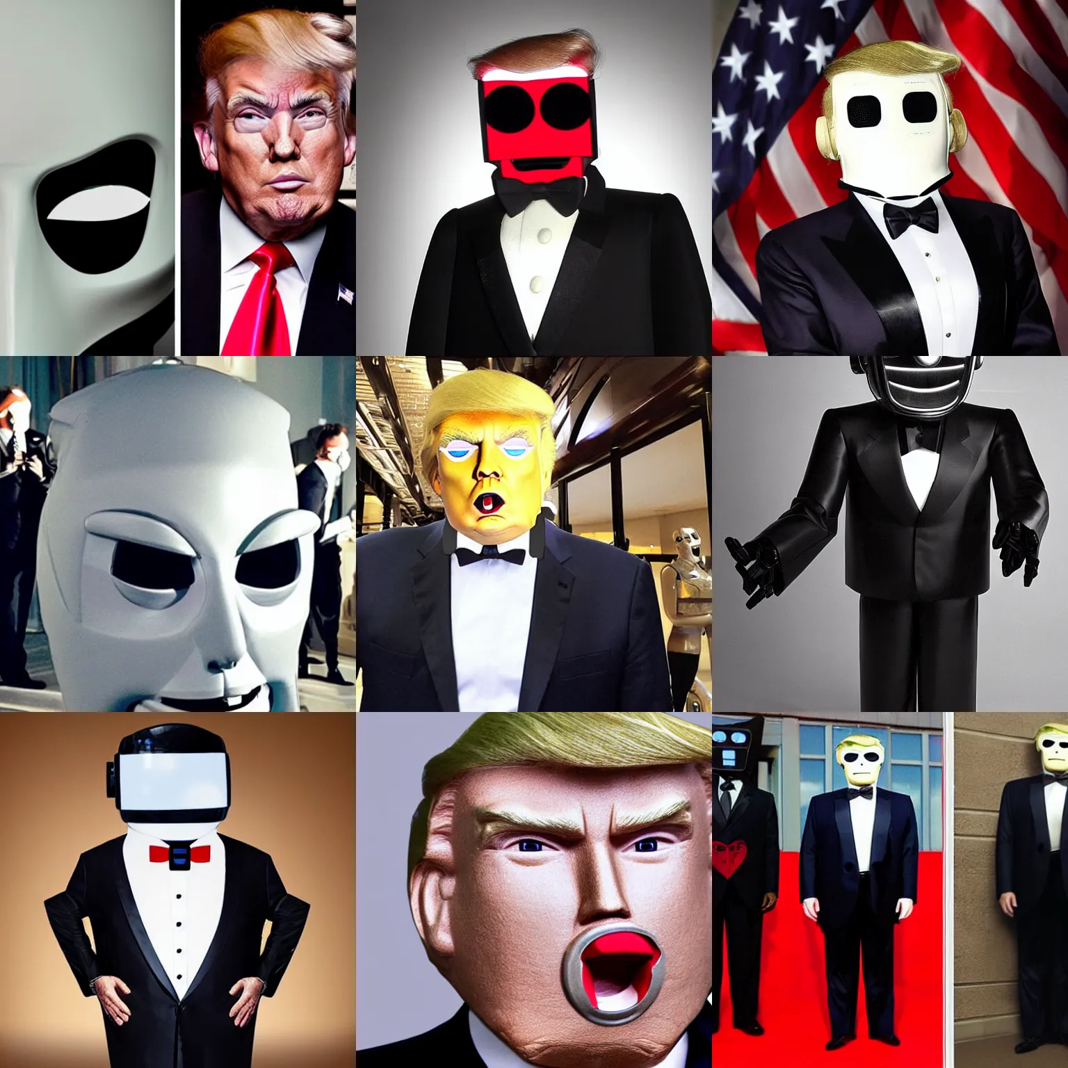 Prompt: Donald Trump, a anthropomorphic-robot cyber-face techno mask in black tie suit retro photo
