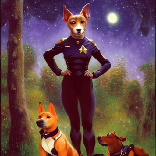 Image similar to a female pitbull dogwoman in starfleet uniform at night in a dark forest. zootopia fursona furaffinity furry art detailed face painting by gaston bussiere craig mullins jc leyendecker gustav klimt artgerm greg rutkowski furry