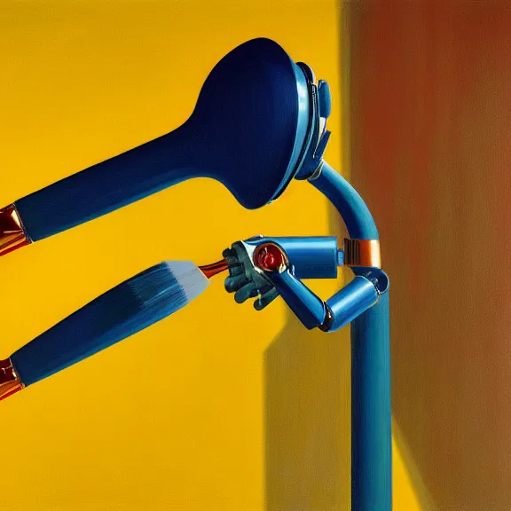 Image similar to beautiful illustration of a robotic arm holding a paintbrush in front of a canvas by Edward Hopper, clean lines, very detailed, colorful octane render