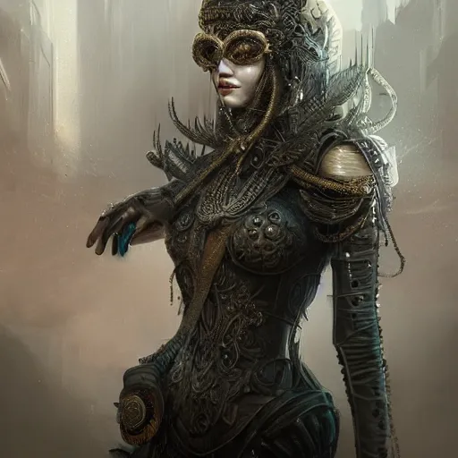Prompt: full pov of a very highly detailed epic photo of woman with venetian mask, intricate, dystopian, sci - fi, extremely detailed, digital painting, artstation, concept art, smooth, sharp focus, illustration, intimidating lighting, incredible art by artgerm, ultra details, 8 k.