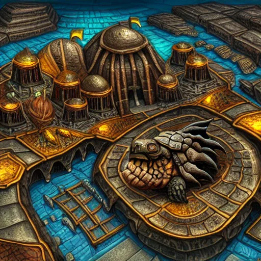 Prompt: Large Fantasy City located on the back of a Giant tortoise stomping through the hot sunny desert, High detail, Dungeons and Dragons, Focus on giant tortoise, 4k
