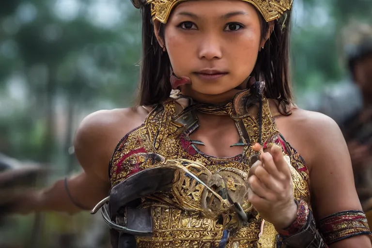 Image similar to close - up photo of a beautiful khmer warrior princess in a battle scene, detailed eyes, shallow depth of field, photorealistic, cinematic lighting, lovely bokeh, warm colours, dusk