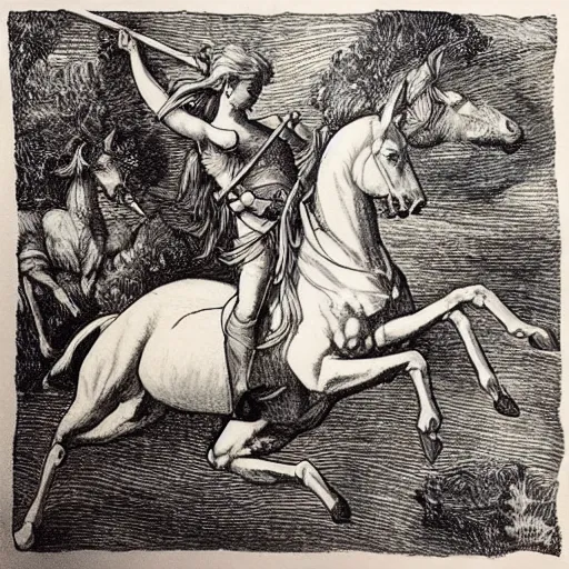 Image similar to “8k ink drawing of Diana huntress, Horses in run, intricate in style of Michelangelo and Albrecht Durer, beautiful woodland, hand made paper”