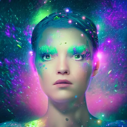 Image similar to portrait of a magical fairy made of galaxies, highly detailed, realistic, octane render, comic book art, space travel, unreal engine, sharp focus, splashes of colors