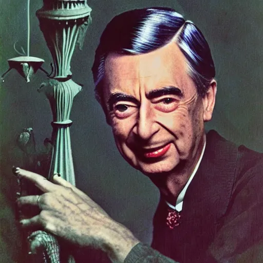 Image similar to fred rogers gothic horror chic portrait diffusion glow smoke fire, art by salvador dali