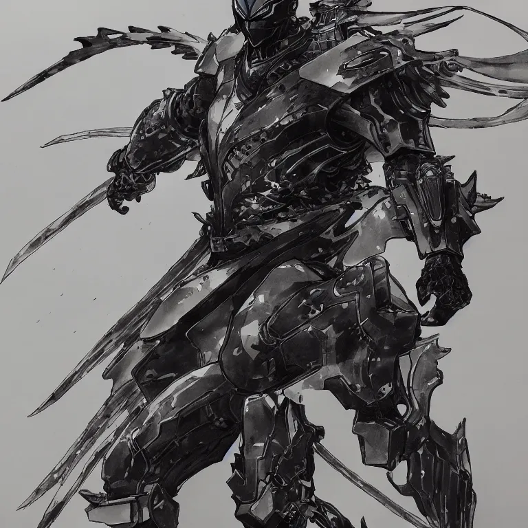 Image similar to a drawing of a lone cybernatic samurai, blue armor, fire and water, by yoji shinkawa and tsutomu nihei, detailed art, highly detailed, trending on artstation