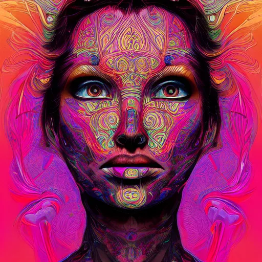 Image similar to A beautiful psychedelic portrait, surreal, LSD, face, detailed, intricate, elegant, lithe, highly detailed, digital painting, artstation, concept art, smooth, sharp focus, illustration, art by Kilian Eng