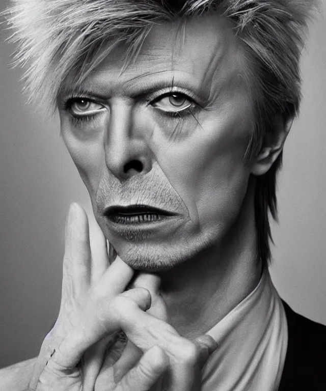 Image similar to a color photograph of david bowie, by thomas ruff, platinum blond, intense, bold, exaggerated, overblown, ultra sharp, extra details, ultra high quality, trending on pinteresst