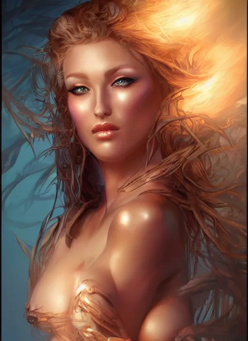 Image similar to a higly detailed airbrush full body shot and face portrait painting of a sensual fantasy female character, pathfinder, dynamic lighting, ambient lighting, deviantart, art by artgerm and simon bisley and karol bak