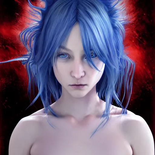Image similar to portrait of young girl half dragon half human , dragon skin, dragon eyes, dragon crown, blue hair, long hair, highly detailed 3D render, 8k, rpg concept art character, jrpg character, manga, anime, video game character, concept art, by Yoshitaka Amano and David Lynch and David Cronenberg