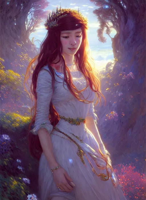 Image similar to highly detailed portrait of princess with long hairs, stephen bliss, unreal engine, fantasy art by greg rutkowski, and renoir loish, rhads, ferdinand knab, makoto shinkai and lois van baarle, ilya kuvshinov, rossdraws, tom bagshaw, alphonse mucha, global illumination, radiant light, detailed and intricate environment