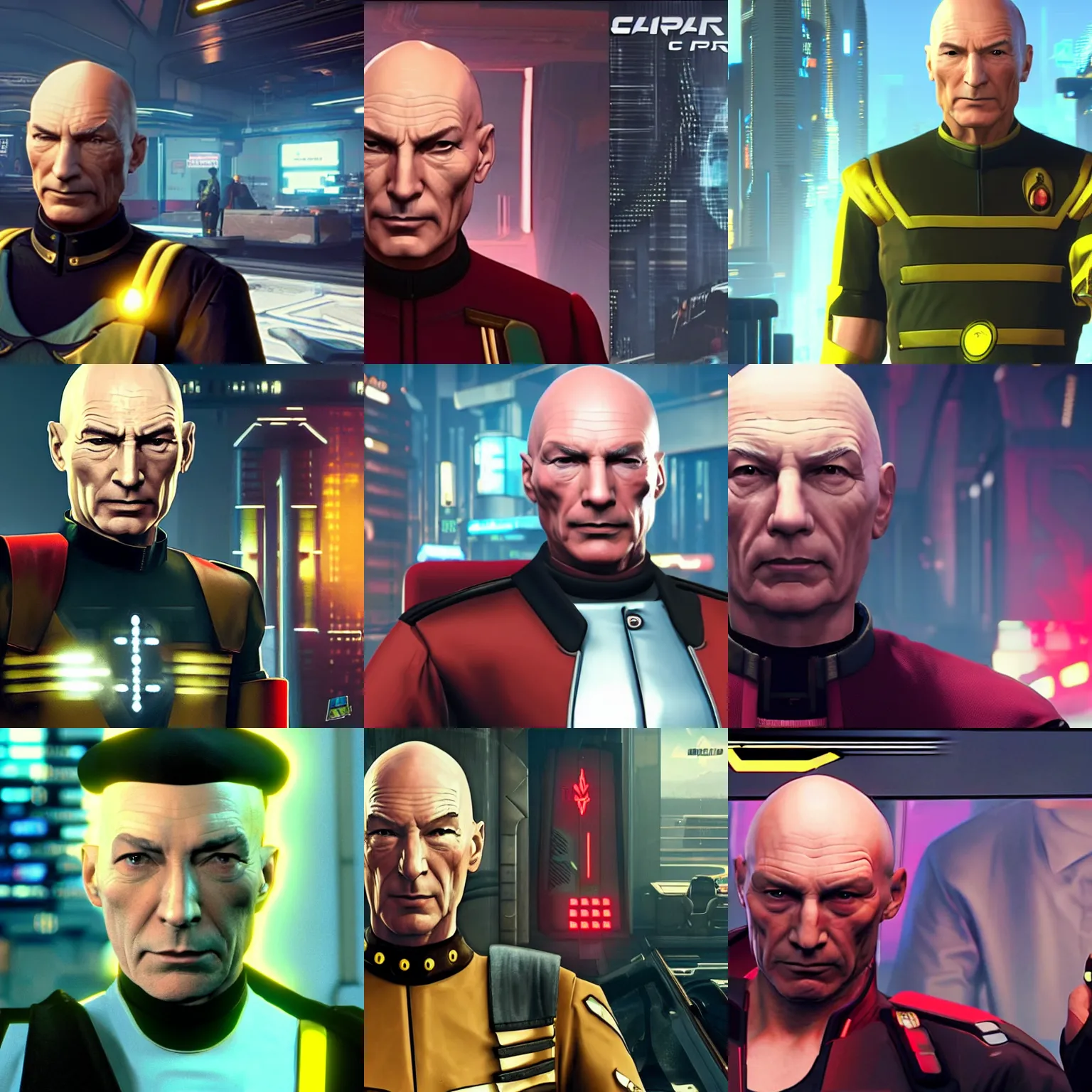 Prompt: fascist tyrant captain picard tng, in cyberpunk 2 0 7 7 cp 2 0 7 7
