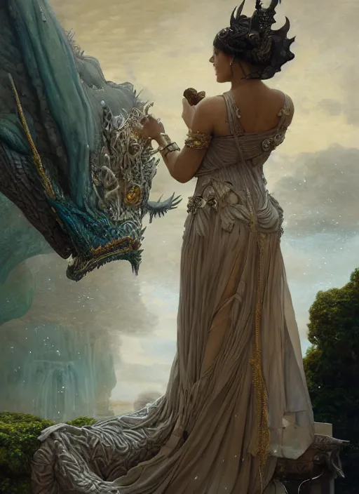 Image similar to a painting of a beautiful queen in fantastic dress next to a dragon, photorealistic painting by Jaime Jones, Tom Bagshaw,Lawrence Alma-Tadema,greg rutkowski,deviantart contest winner, fantasy art, daz3d,intricate,elegant,highly detailed,8k,digital painting,concept art, sharp focus, illustration,golden ratio