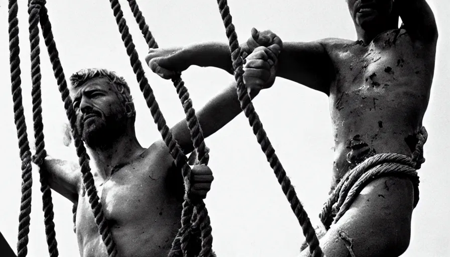 Prompt: 1 9 6 0 s movie still close - up of marcus atilius regulus tied with ropes at pole in direction of the burning sun with blood flowing down his eyes cinestill 8 0 0 t 3 5 mm b & w, high quality, heavy grain, high detail, texture, dramatic light, anamorphic, hyperrealistic, detailed hair