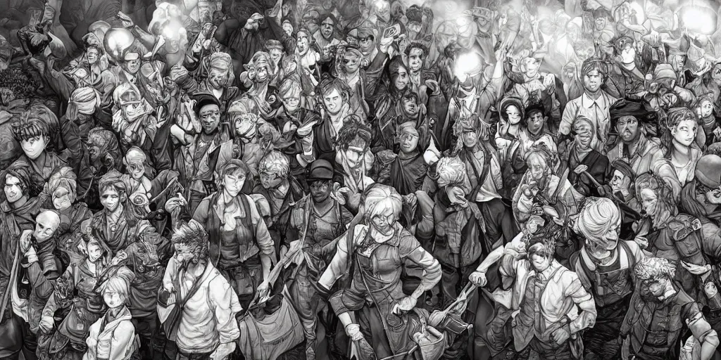 Image similar to i am happy to join with you today in what will go down in history as the greatest demonstration for freedom in the history of our nation. highly detailed faces, ultrafine colored illustration by kim jung gi, james jean, intricate linework, sharp focus, octopath traveler, final fantasy, unreal engine highly rendered, global illumination, radiant light, intricate environment