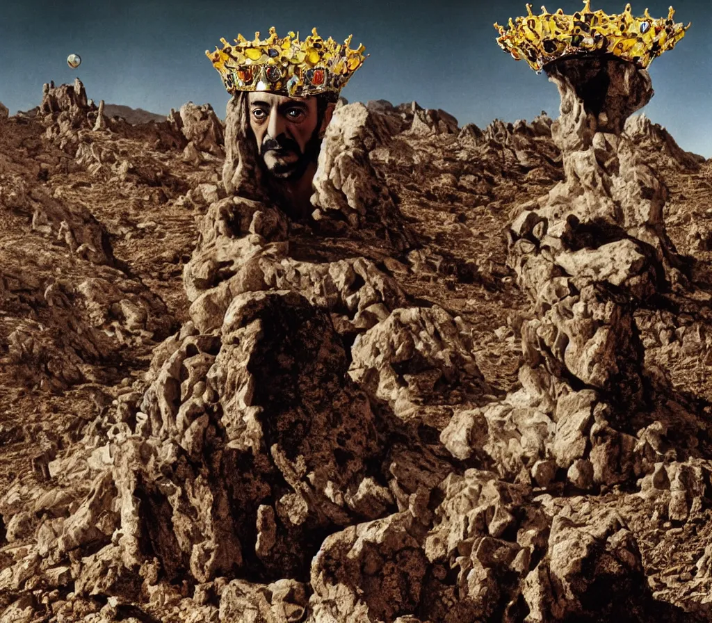 Image similar to portrait of salvador dali wearing a crown and costume with jewels in a dry rocky desert landscape, visible sky and sunny atmosphere, alien spaceship by giger, film still from the movie by alejandro jodorowsky with cinematogrophy of christopher doyle and art direction by hans giger, anamorphic lens, kodakchrome, very detailed photo, 8 k