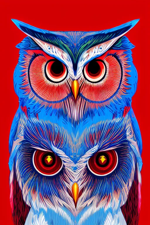 Image similar to glowing owl, white, red and blue colours, highly detailed, digital art, sharp focus, trending on art station