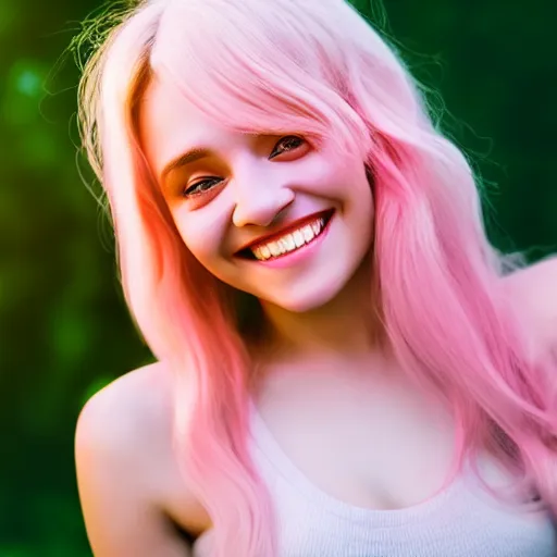 Image similar to beautiful hyperrealism selfie of a cute 3 d young woman smiling sofly, long light pink hair, flushed face, small heart - shaped face, amber eyes, golden hour, 8 k, instagram