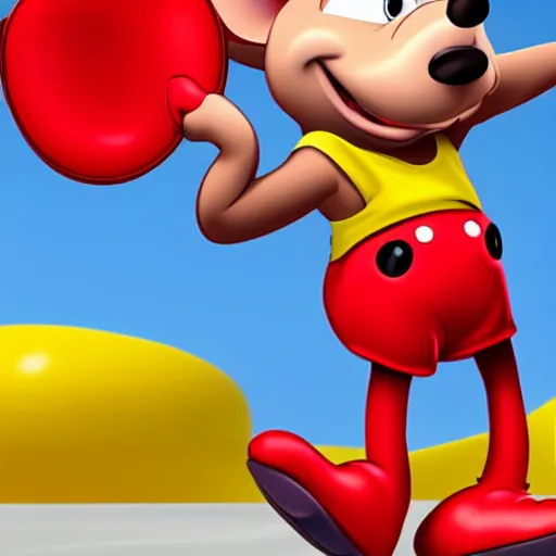 Prompt: a mouse with red pants and yellow shoes smiles, animated, disney