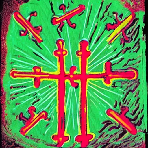 Image similar to fluo green cave painting of cross and ufos