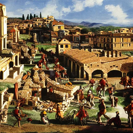 Prompt: roman village during invasion with trojan horse