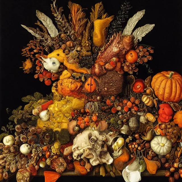 Image similar to thanksgiving supper, black background, still life by giuseppe arcimboldo, vanitas, intricate high detail masterpiece