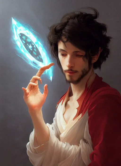 Prompt: character concept portrait of an attractive young focused Spanish wizard with pale red skin enchanting a power spell, a floating iridescent spell book in the center, intricate, elegant, digital painting, concept art, smooth, sharp focus, illustration, from Metal Gear, by Ruan Jia and Mandy Jurgens and William-Adolphe Bouguereau, Artgerm