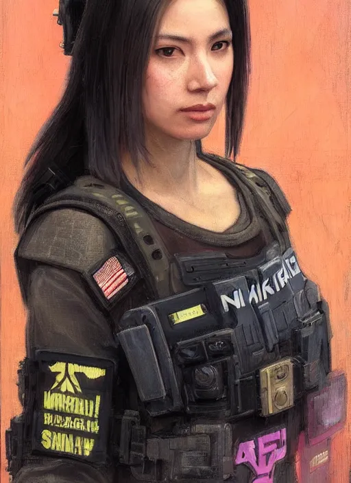 Image similar to Nikki tanaka. beautiful cyberpunk female USN marine wearing a military vest and a black and pink tactical catsuit (cyberpunk 2077, bladerunner 2049). gorgeous face. Iranian orientalist portrait by john william waterhouse and Edwin Longsden Long and Theodore Ralli and Nasreddine Dinet, oil on canvas. Cinematic, hyper realism, realistic proportions, dramatic lighting, high detail 4k