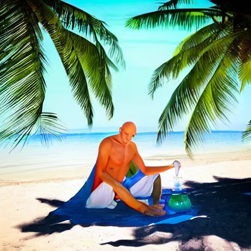 Image similar to nosferatu sunbathing on the beach and drinking from a fresh coconut, colorful photograph, beautiful day, professional