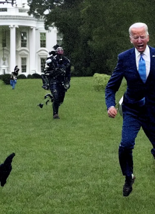 Prompt: joe biden is running terrified from a monster from predator that is chasing him on the white house lawn during a storm, photoealistic, scary