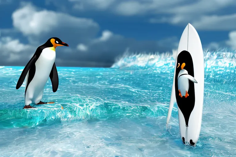 Prompt: penguin surfing on a bong shaped surfboard, high-quality 4k 3D Render