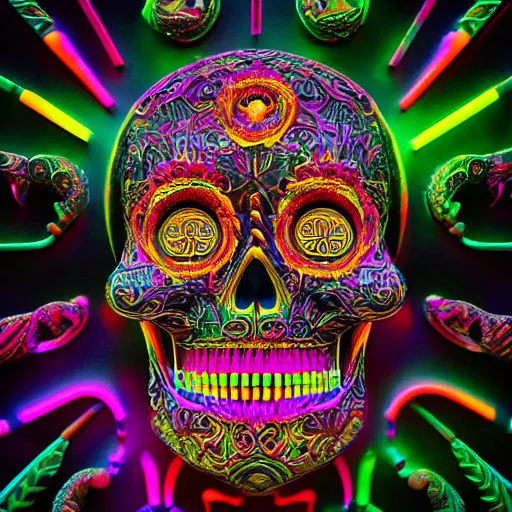 Image similar to a highly detailed photographic render of intricately carved sugar skull, psychedelic, black background, neon light, intricate ornament, gilding, horror, dark fantasy, beautifully lit, ray traced, octane 3D render in the style of Gerald Brom and James Gurney, sharp focus, HD, 8k