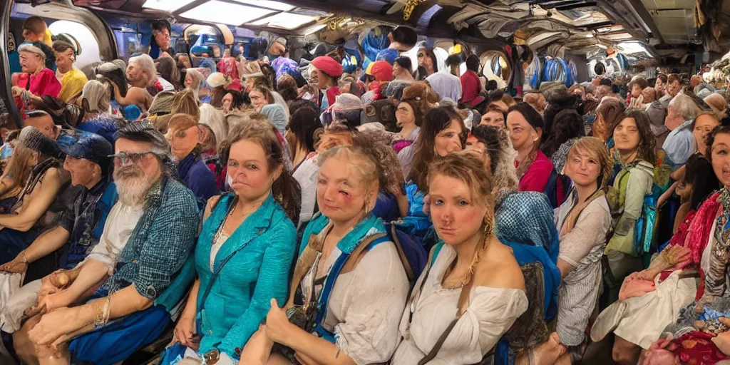 Prompt: detailed colour photographic masterpiece group portrait of people sat down extreme closeup, in the inside of the full crowded beautiful underwater train to atlantis, realistic and lifelike expressions, crowds of people sat down wearing unusual clothes