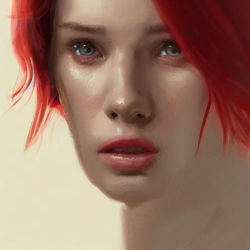 Image similar to Portrait of a woman by Greg Rutkowski, she is about 20 years old, redhead, long straight hair, beautiful oval face, wearing red and black utilitarian jumpsuit, older sister vibes, highly detailed portrait, digital painting, artstation, concept art, smooth, sharp foccus ilustration, Artstation HQ.