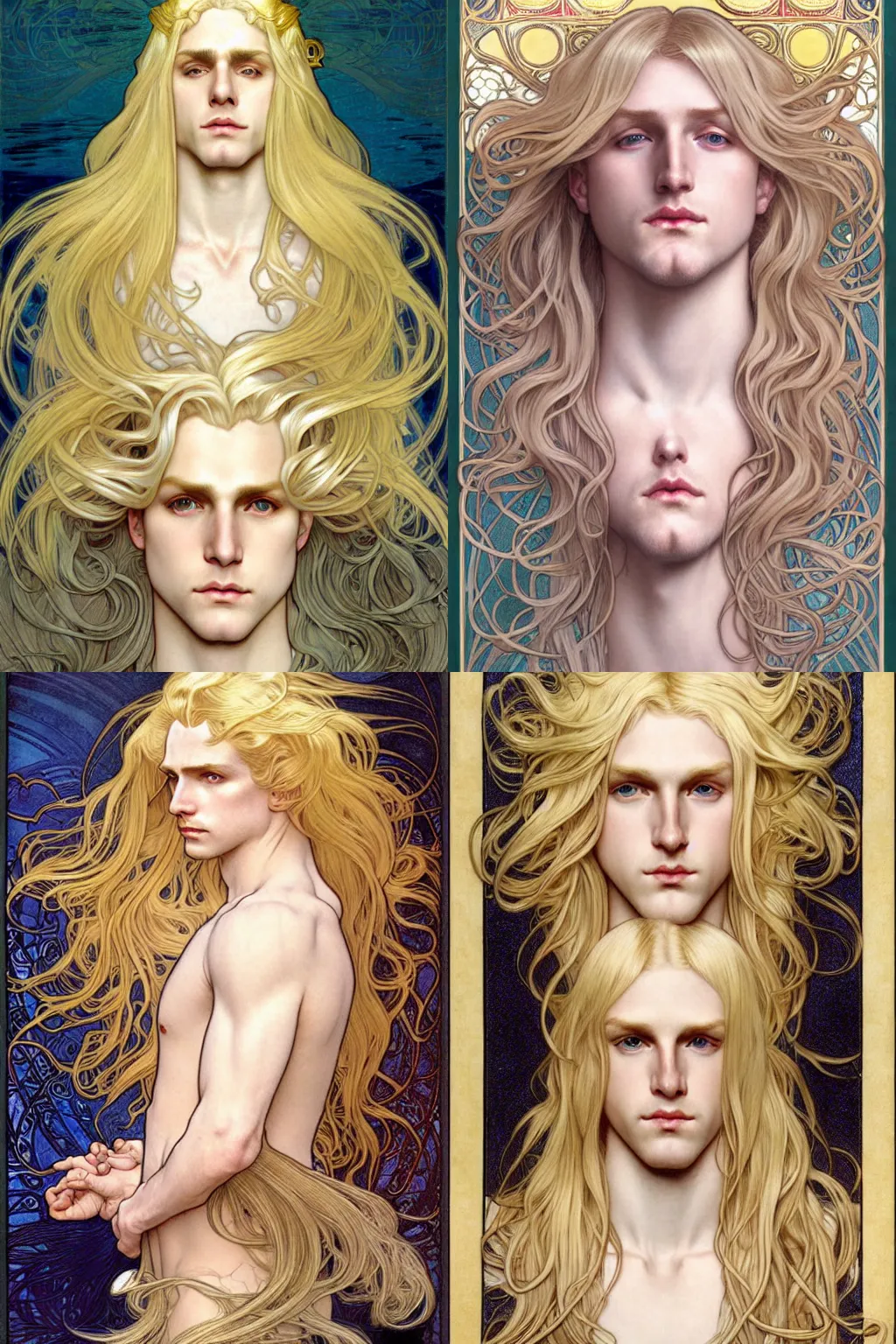 Prompt: realistic detailed face portrait of merman blond androgynous prince Lucius, long luxurious blond hair, very very very very silky light golden blond hair, extremely pale blond hair, by Alphonse Mucha, Ayami Kojima, Amano, Charlie Bowater, Karol Bak, Greg Hildebrandt, Jean Delville, and Mark Brooks, Art Nouveau, Neo-Gothic, gothic, rich scintillating bright white gold colors