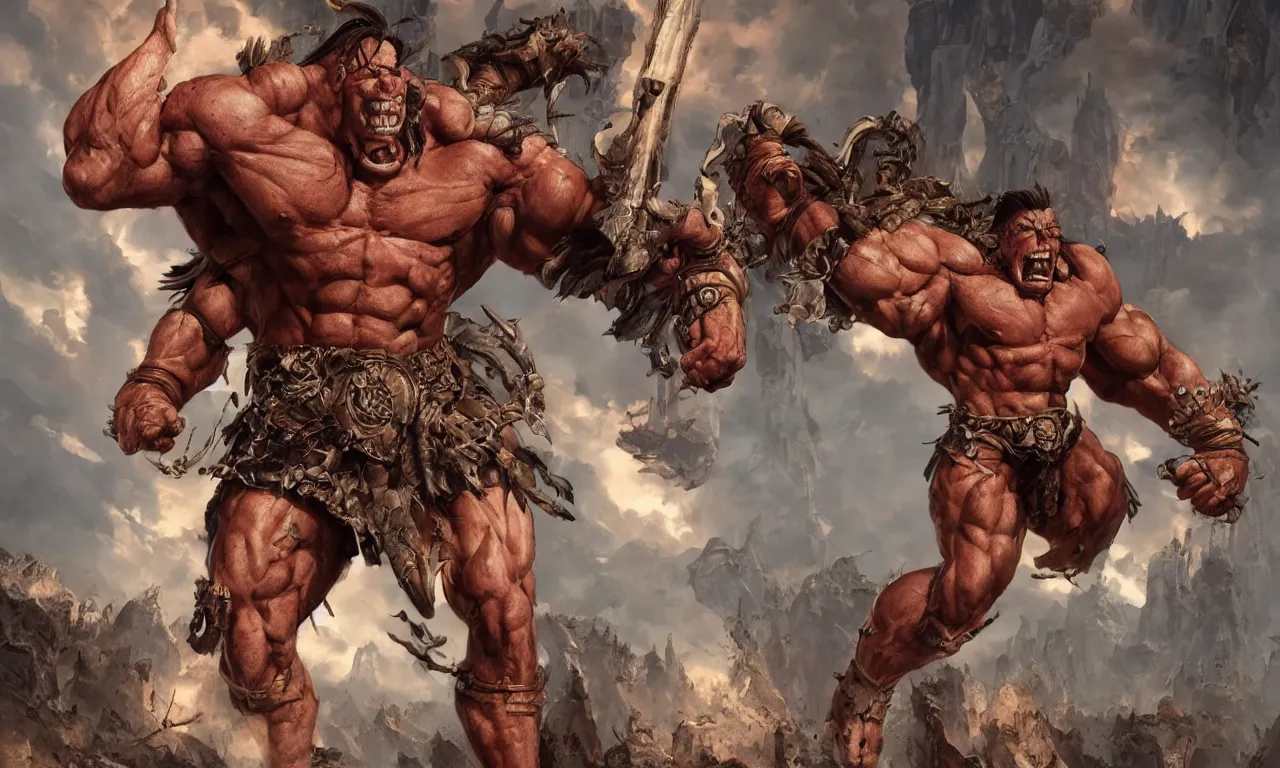 Image similar to hyper realistic arnold swartzeneger as hyper muscular conan the digital slayer by simon bisley, dale keown and greg rutkowski, character sheet, vivid color scheme, unreal engine 5