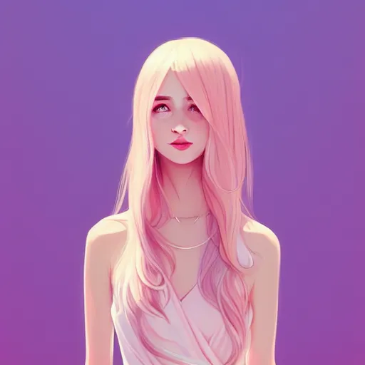 Image similar to adult female in summer dress art, pastel light pink very long hair, muted colors, matte print, pastel colors, ornate, digital art, digital painting, fan art, elegant, artstation, head is centered, by Ilya Kuvshinov