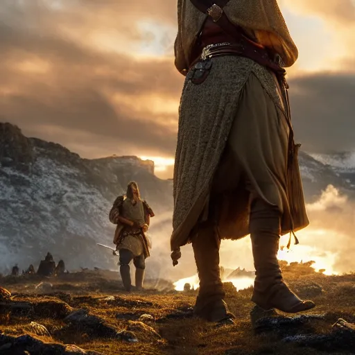 Prompt: an old norse queen going to war with her army, golden hour, 8 k uhd, awe - inspiring.