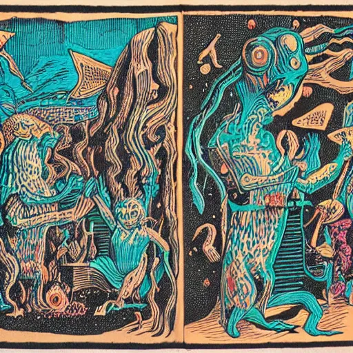 Image similar to uncanny monsters of the imagination in a surreal risograph alchemical manuscript