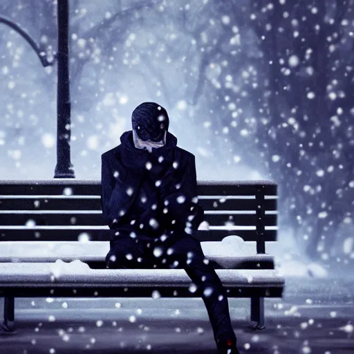 Image similar to young man crying on a park bench alone under falling snowflakes, trending on artstation