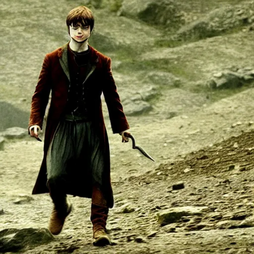 Image similar to daniel radcliffe as harry potter walking, in mordor from lord of the rings