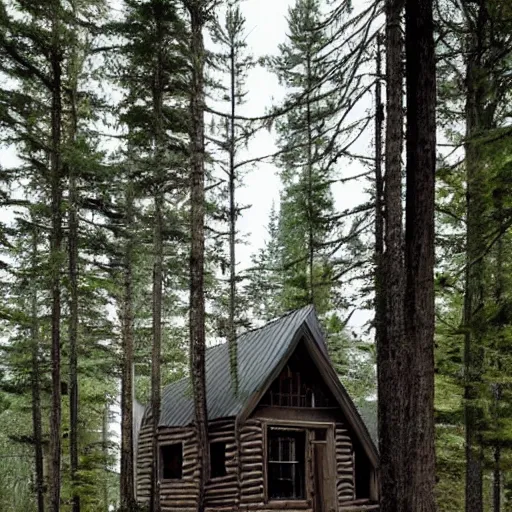 Image similar to an Eerie cabin in the middle of the woods in the style of 19th century Hudsons bay river school of art