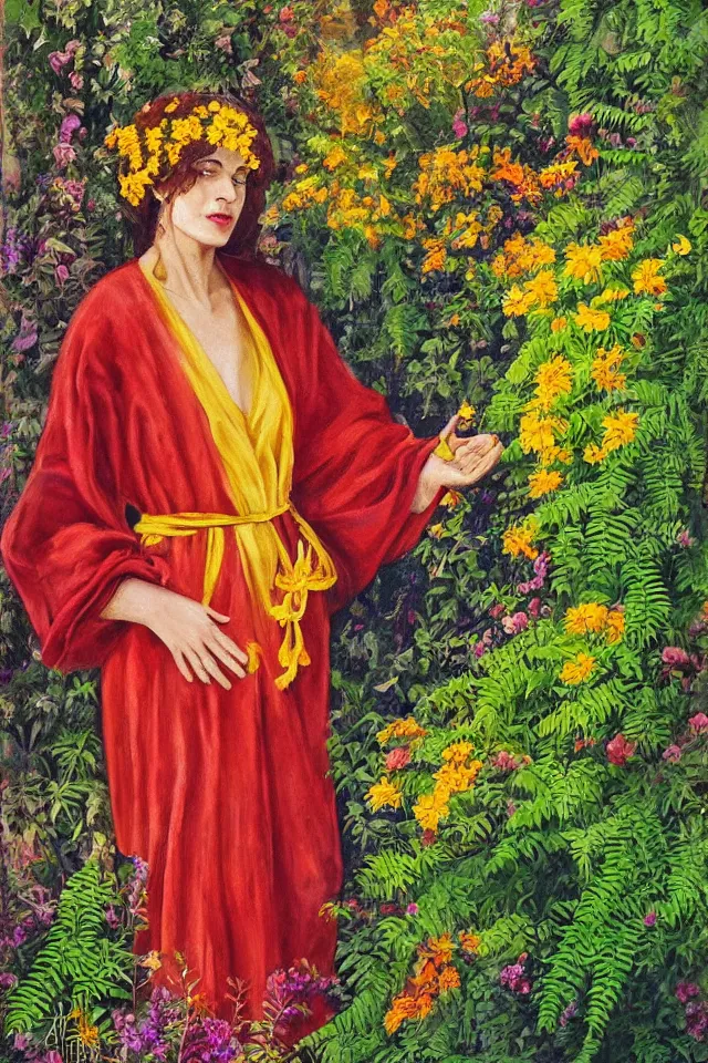 Prompt: a beautiful greek woman in robes, in a garden full of ferns, marigold flowers, dappled light, by bernie fusch