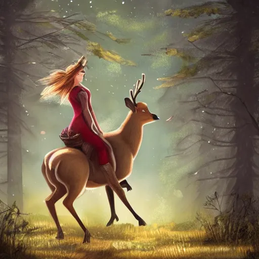 Prompt: girl riding a giant deer in the forest, trending on art station