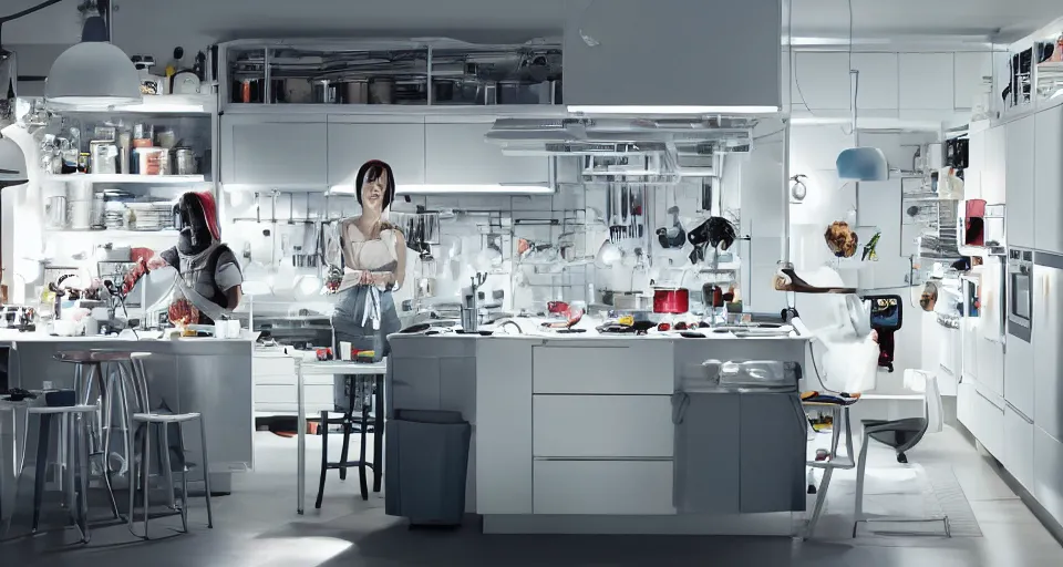 Image similar to IKEA catalogue photo of a cyberpunk kitchen on a spaceship, by Takashi Murakami