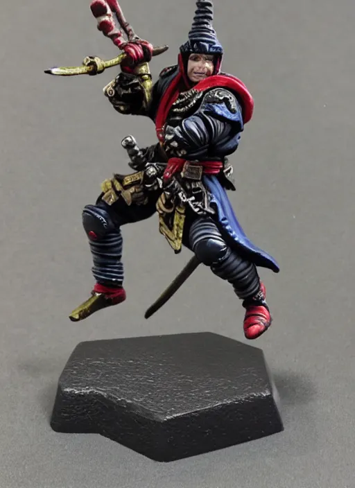 Prompt: 8 0 mm resin detailed miniature of a warhammer 4 0 k ninja warrior doing a spin move, product introduction photos, 4 k, full body,