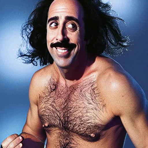 Image similar to “an 8k hi res extremely detailed photorealistic magazine editorial photo shoot pic of jerry Seinfeld as ZARDOZ. Colorized”